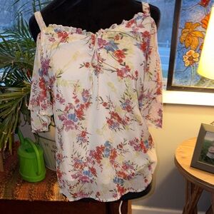 Maurices Cream Cold-Shoulder Floral Blouse with Multi-Color Print